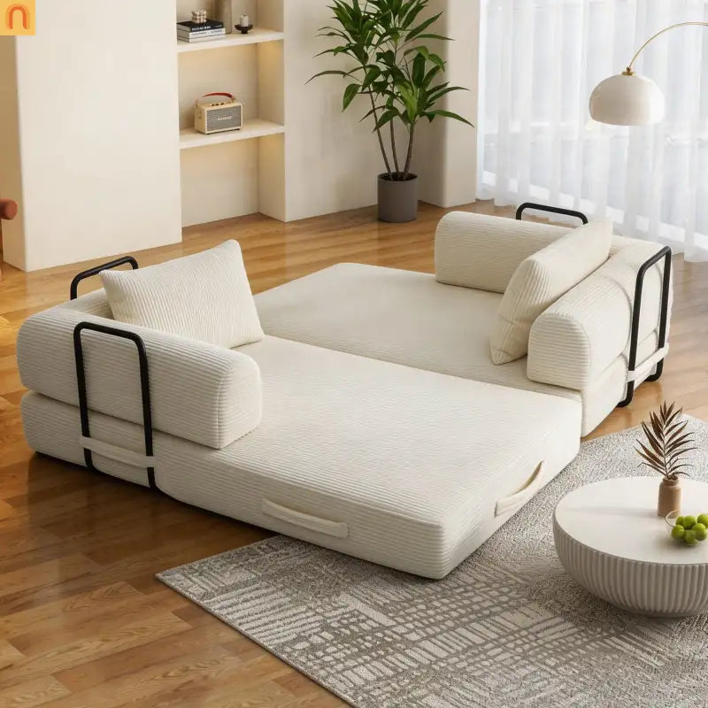 Sofa Bed Convertible Corduroy Beige 3-Seat Foldable Sleeper 78in