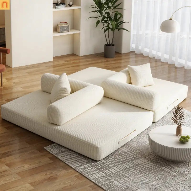 Sofa Bed Convertible Corduroy Beige 3-Seat Foldable Sleeper 78in