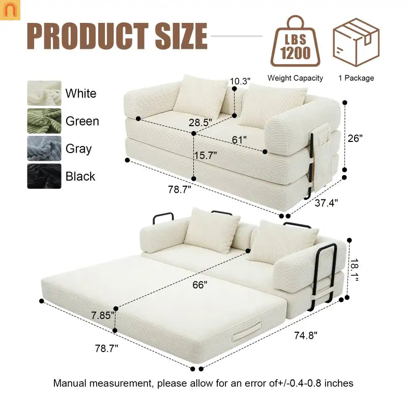 Sofa Bed Convertible Corduroy Beige 3-Seat Foldable Sleeper 78in