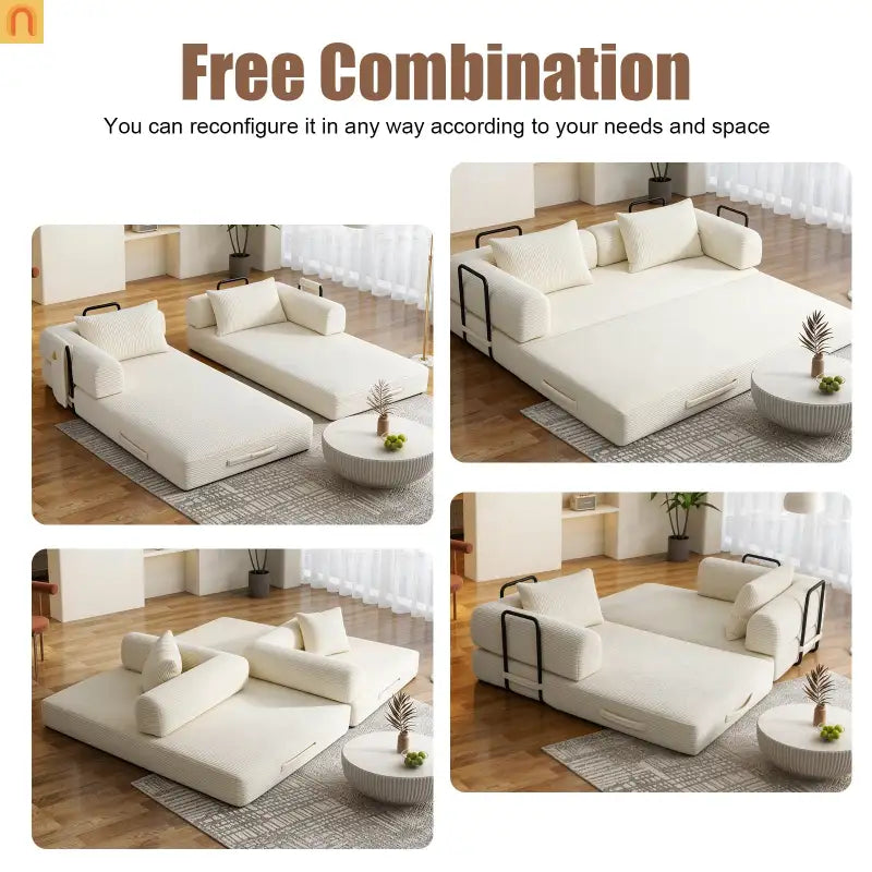 Sofa Bed Convertible Corduroy Beige 3-Seat Foldable Sleeper 78in