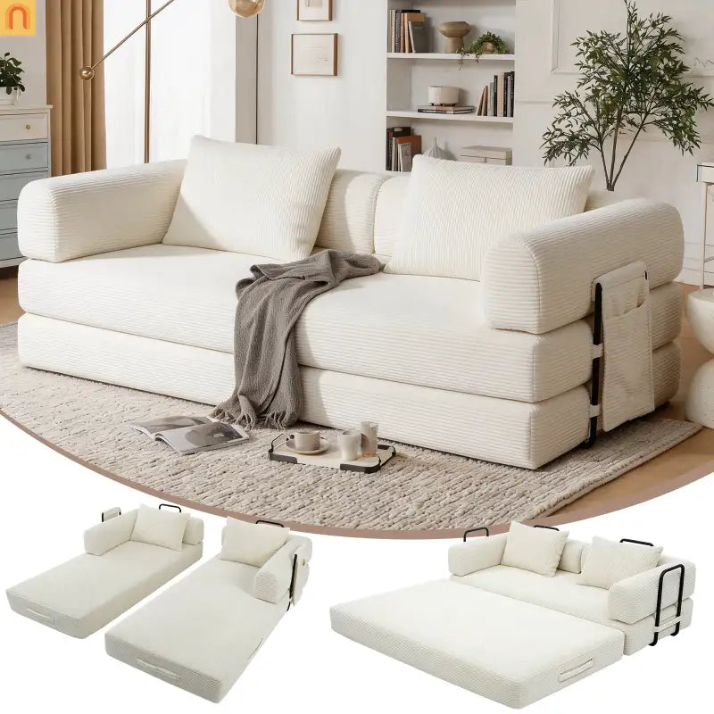 Sofa Bed Convertible Corduroy Beige 3-Seat Foldable Sleeper 78in