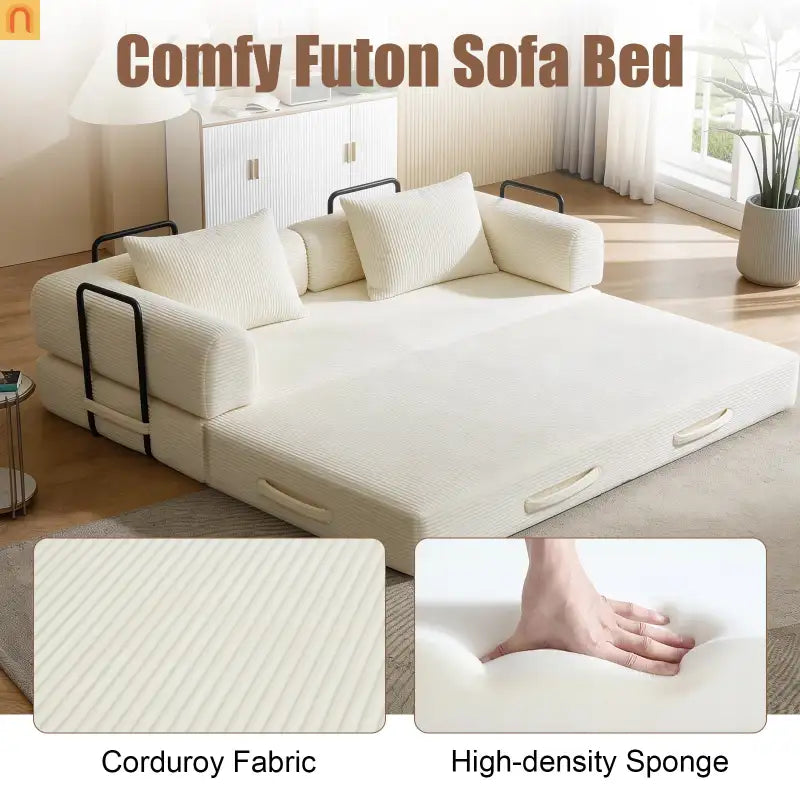 Sofa Bed Convertible Corduroy Beige 3-Seat Foldable Sleeper 78in