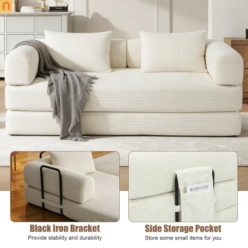 Sofa Bed Convertible Corduroy Beige 3-Seat Foldable Sleeper 78in