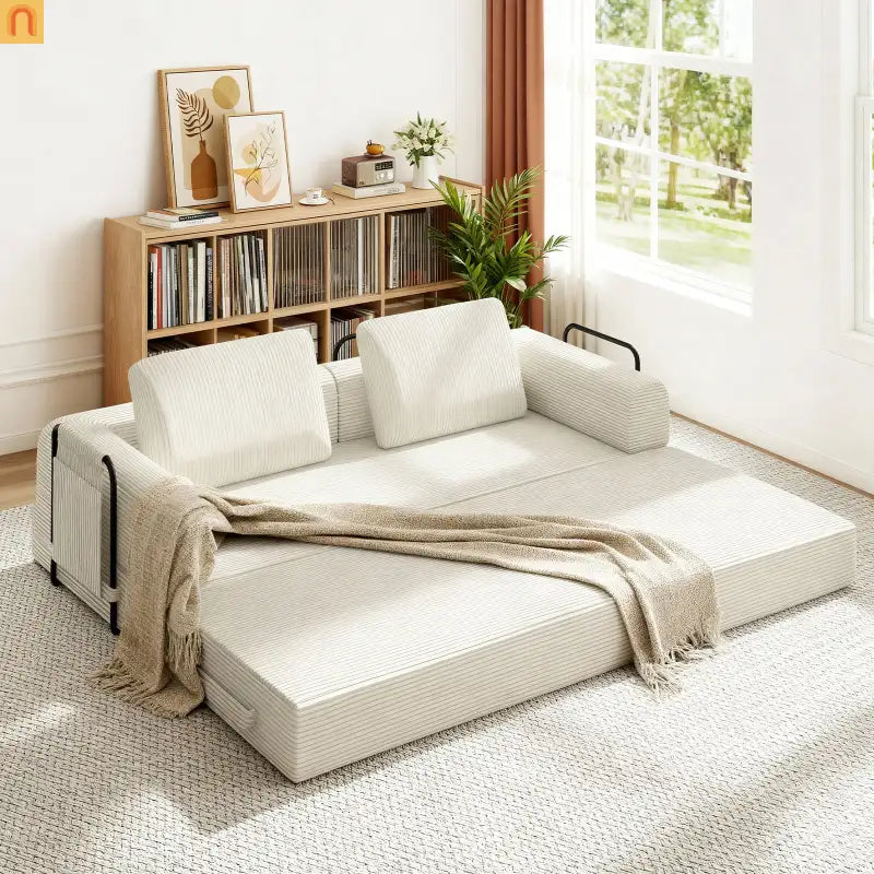 Sofa Bed Convertible Corduroy Beige 3-Seat Foldable Sleeper 78in