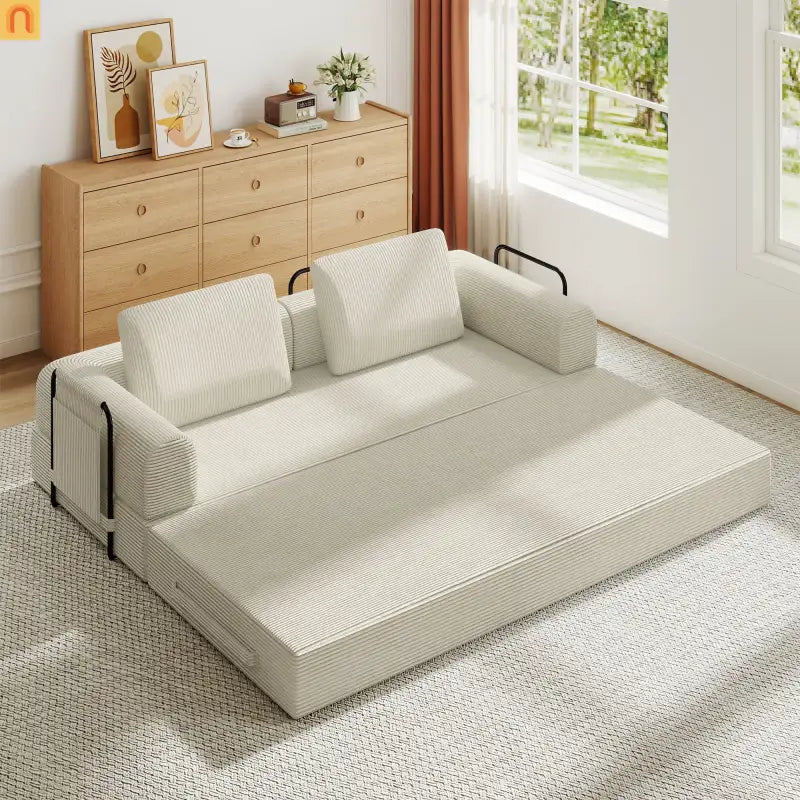 Sofa Bed Convertible Corduroy Beige 3-Seat Foldable Sleeper 78in
