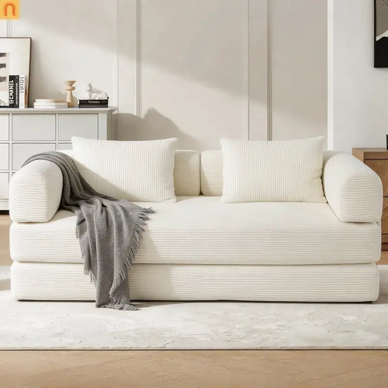 Sofa Bed Convertible Corduroy Beige 3-Seat Foldable Sleeper 78in