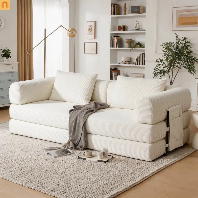 Sofa Bed Convertible Corduroy Beige 3-Seat Foldable Sleeper 78in