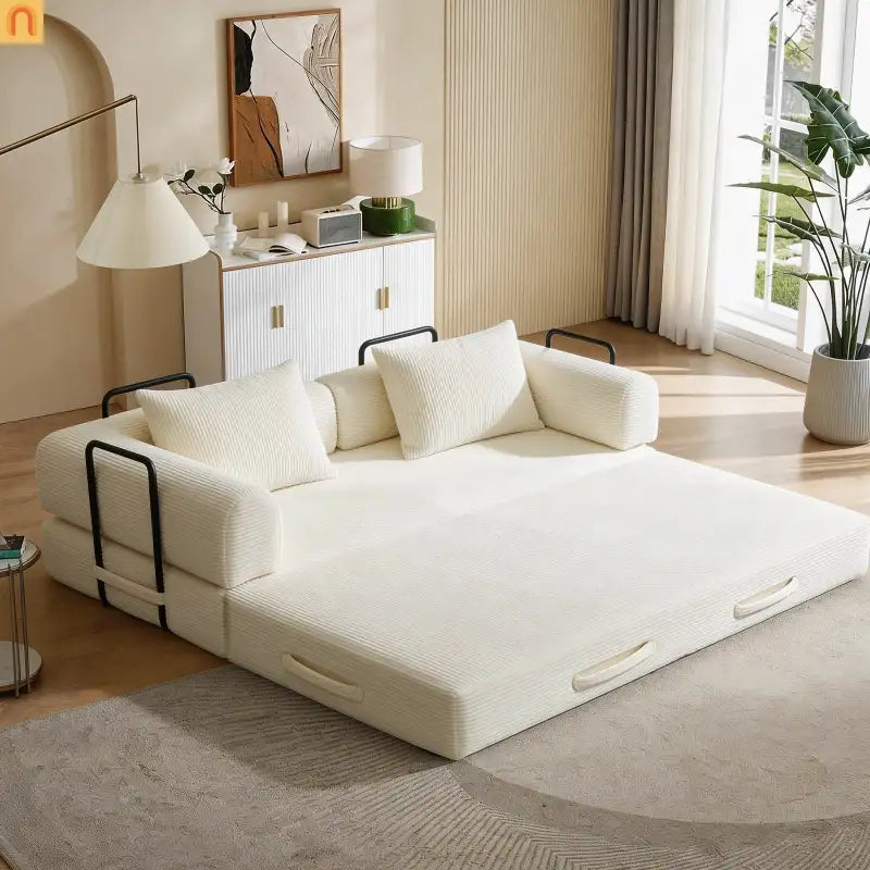 Sofa Bed Convertible Corduroy Beige 3-Seat Foldable Sleeper 78in