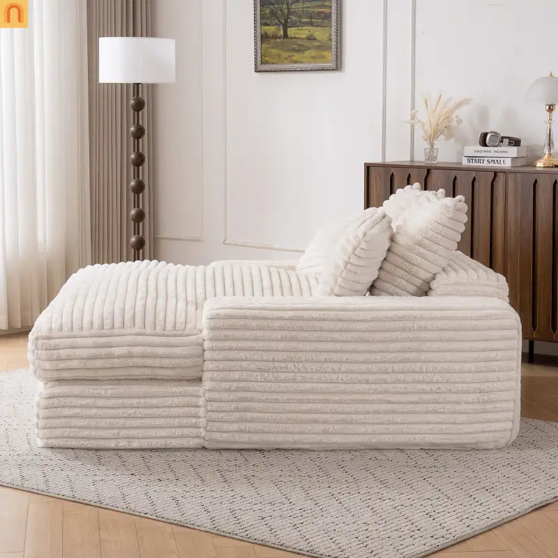 Sofa Chaise Corduroy Beige Queen Sleeper 500 lb No Assembly