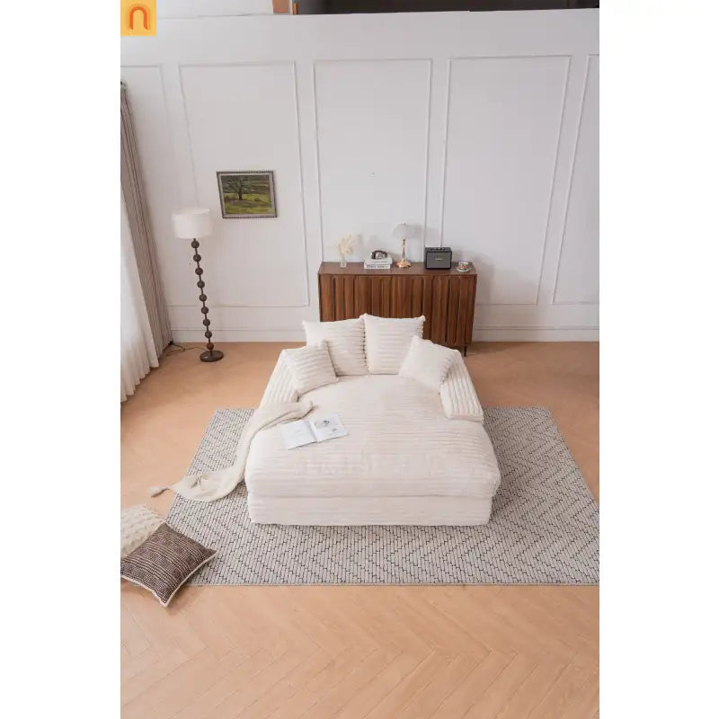 Sofa Chaise Corduroy Beige Queen Sleeper 500 lb No Assembly