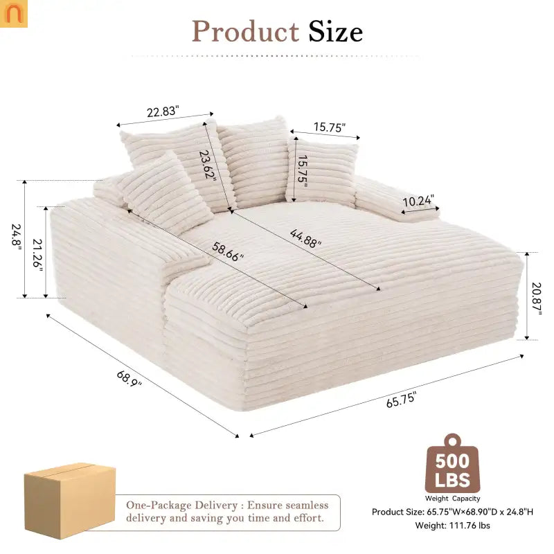 Sofa Chaise Corduroy Beige Queen Sleeper 500 lb No Assembly