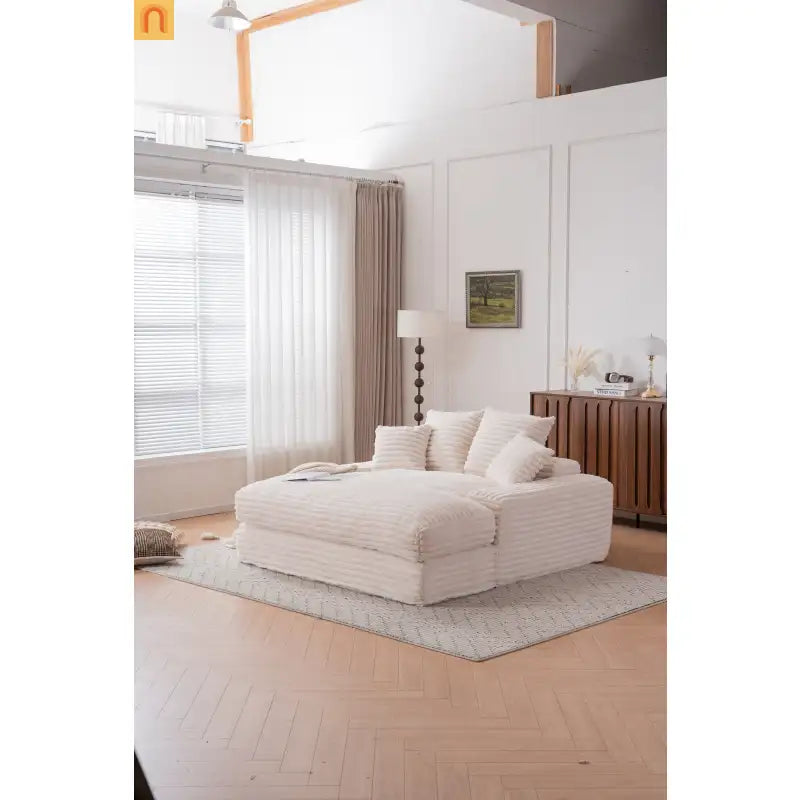 Sofa Chaise Corduroy Beige Queen Sleeper 500 lb No Assembly