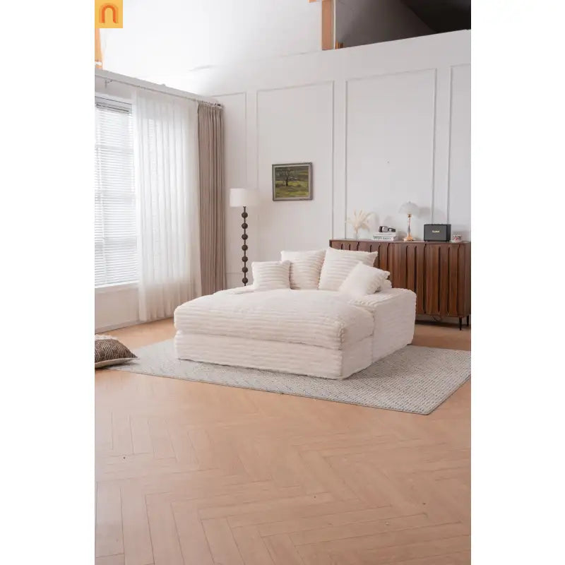 Sofa Chaise Corduroy Beige Queen Sleeper 500 lb No Assembly