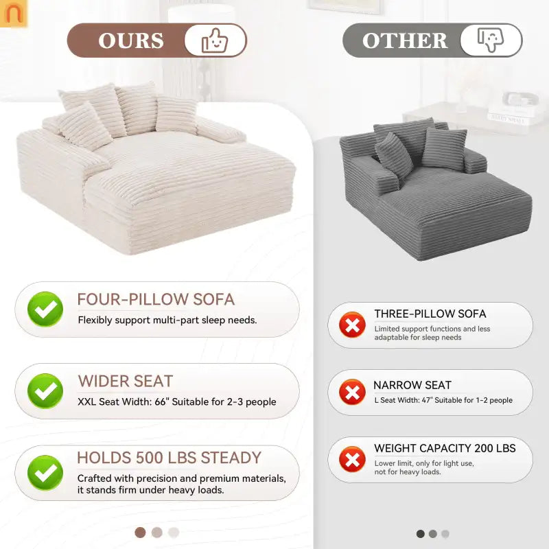 Sofa Chaise Corduroy Beige Queen Sleeper 500 lb No Assembly