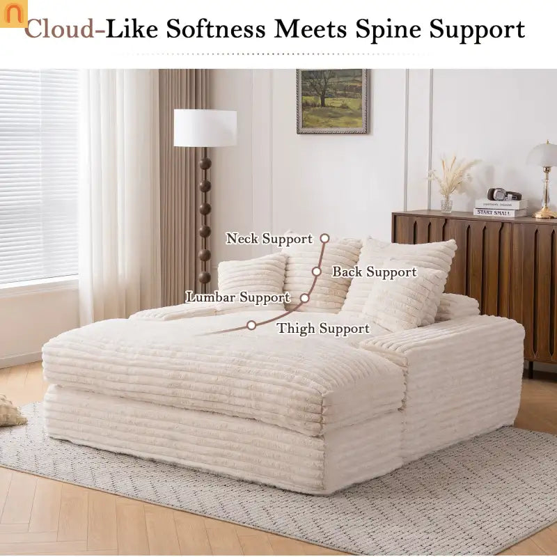 Sofa Chaise Corduroy Beige Queen Sleeper 500 lb No Assembly