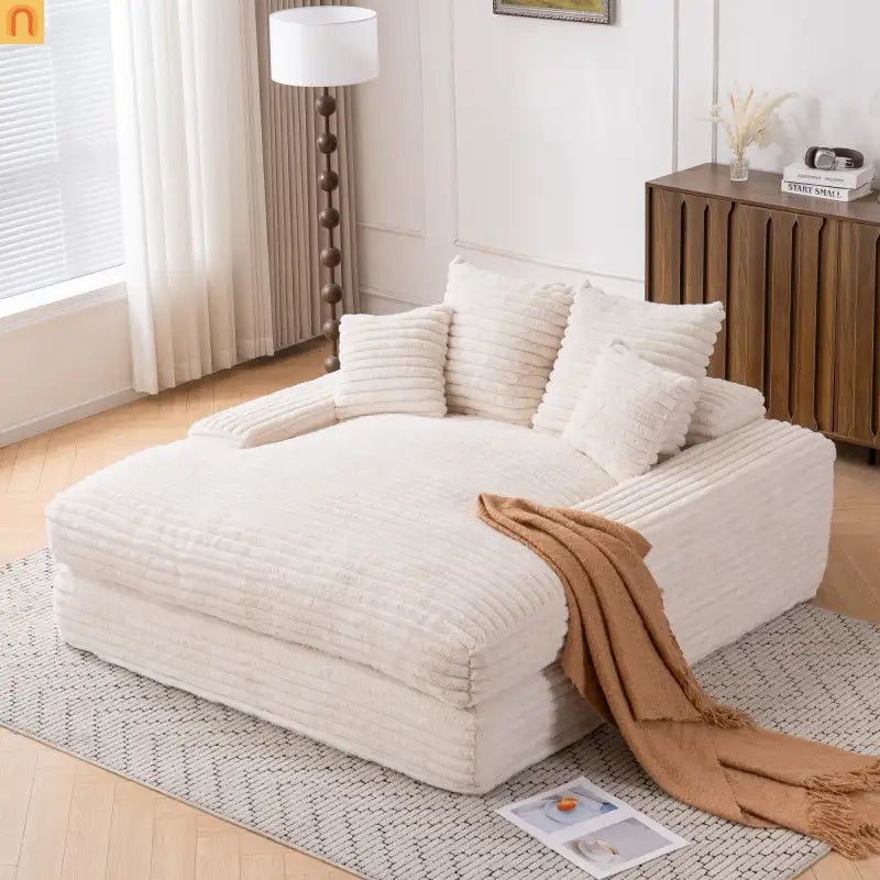 Sofa Chaise Corduroy Beige Queen Sleeper 500 lb No Assembly