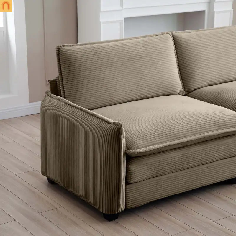 Sofa Set Deep Seat Corduroy Tan 7-Seat 3-Piece Retro Style