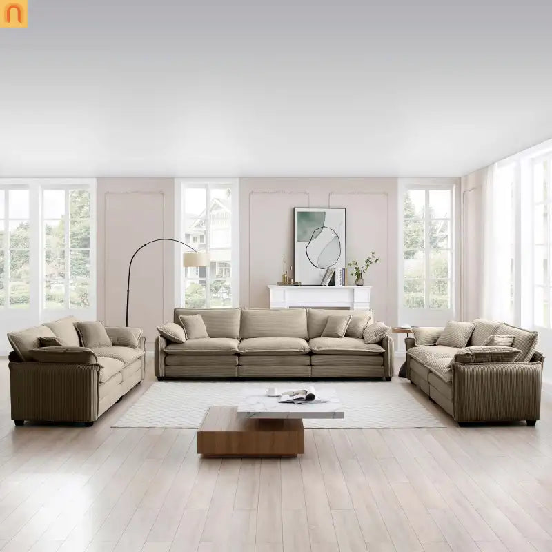 Sofa Set Deep Seat Corduroy Tan 7-Seat 3-Piece Retro Style