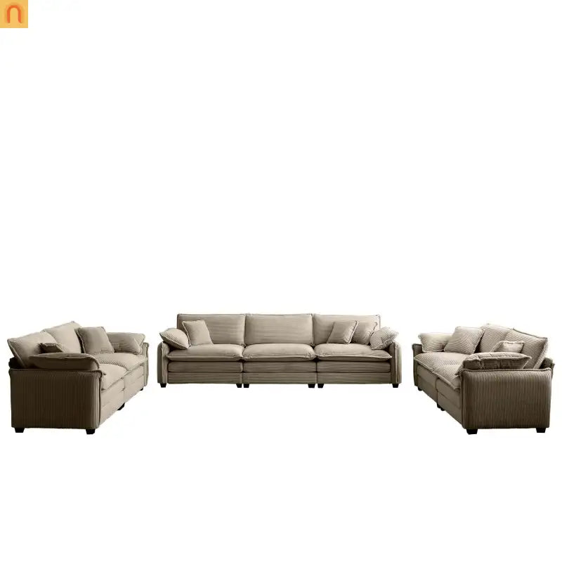 Sofa Set Deep Seat Corduroy Tan 7-Seat 3-Piece Retro Style