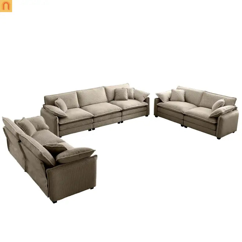 Sofa Set Deep Seat Corduroy Tan 7-Seat 3-Piece Retro Style