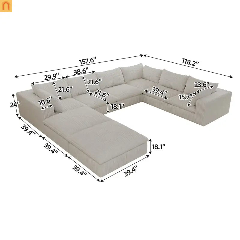 Sofa Modular Corduroy White 8-Seat 157in Feather-Fill Double Cushion