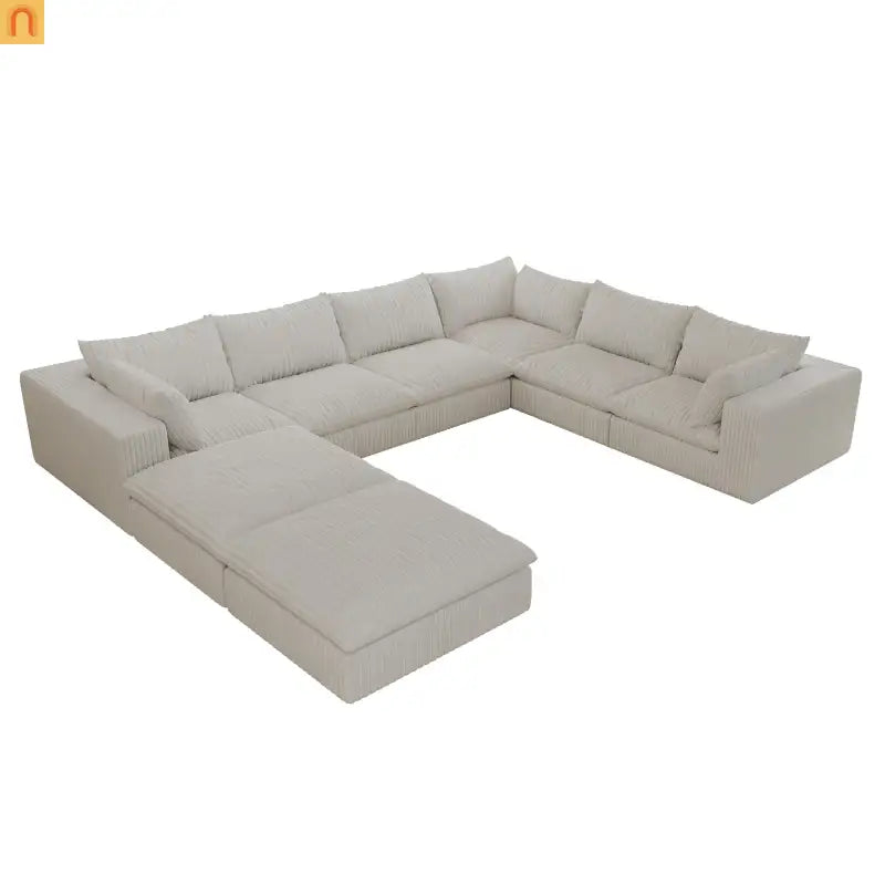 Sofa Modular Corduroy White 8-Seat 157in Feather-Fill Double Cushion