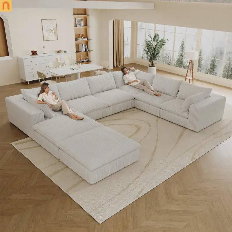 Sofa Modular Corduroy White 8-Seat 157in Feather-Fill Double Cushion