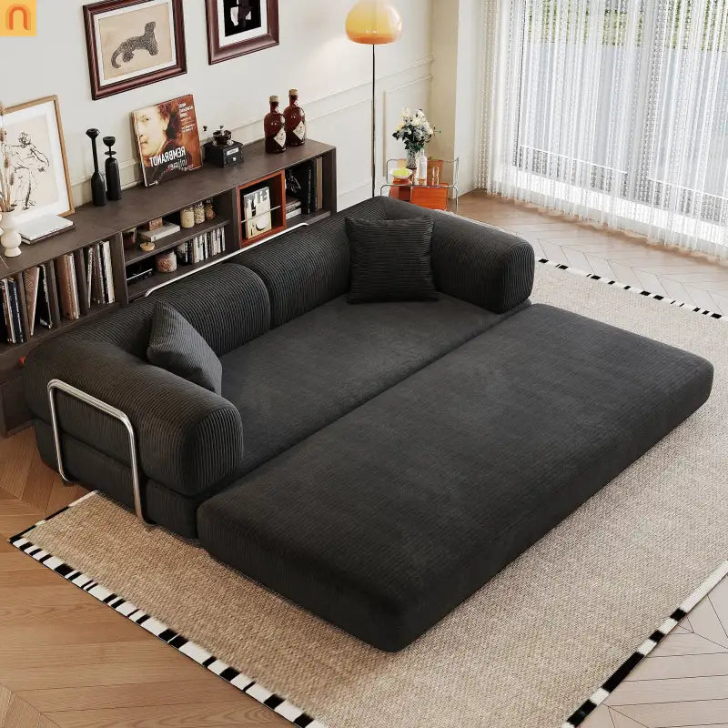 Sofa Convertible Corduroy Black Modular 78in No Assembly