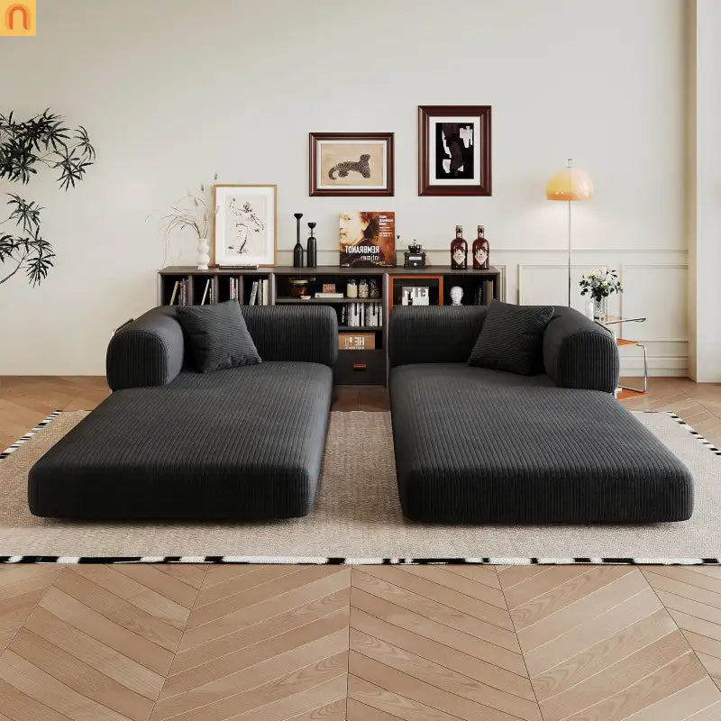 Sofa Convertible Corduroy Black Modular 78in No Assembly