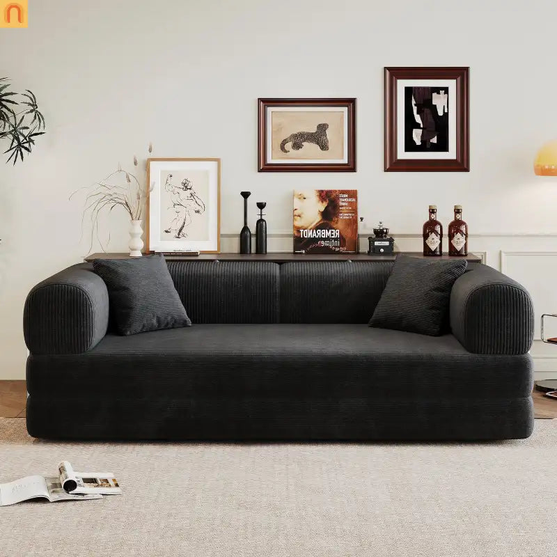 Sofa Convertible Corduroy Black Modular 78in No Assembly