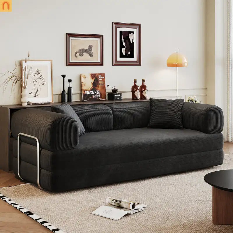 Sofa Convertible Corduroy Black Modular 78in No Assembly