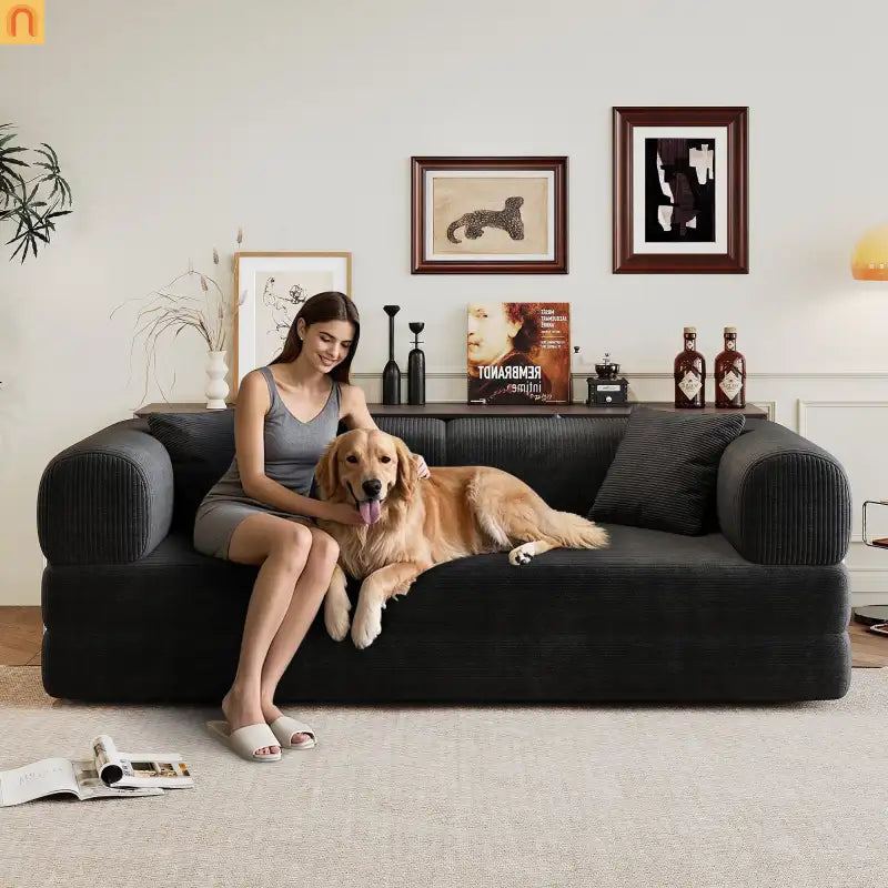 Sofa Convertible Corduroy Black Modular 78in No Assembly