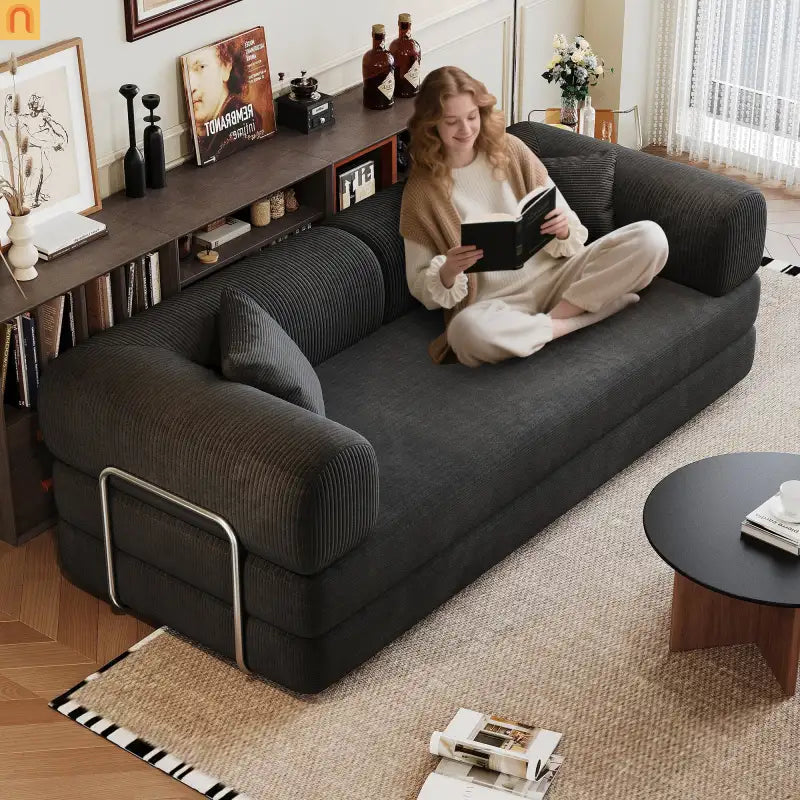 Sofa Convertible Corduroy Black Modular 78in No Assembly