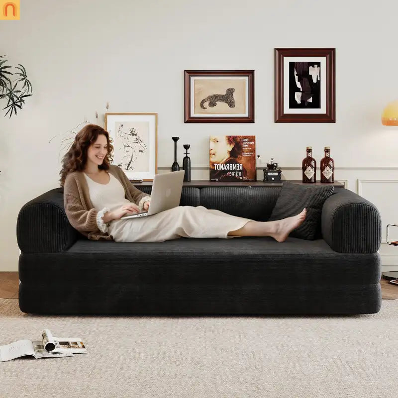 Sofa Convertible Corduroy Black Modular 78in No Assembly