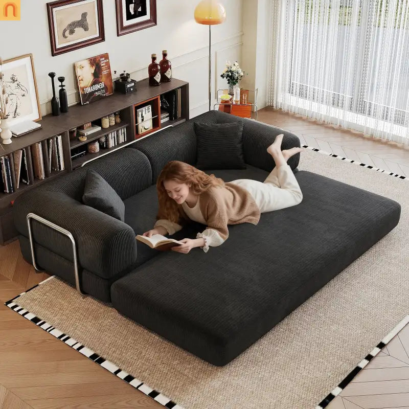 Sofa Convertible Corduroy Black Modular 78in No Assembly