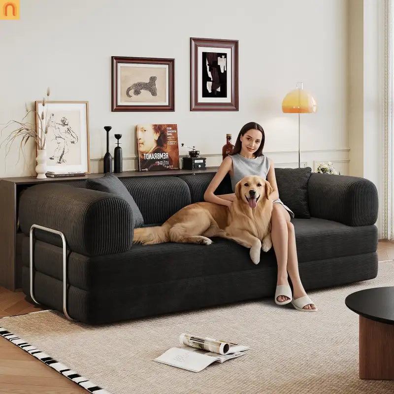 Sofa Convertible Corduroy Black Modular 78in No Assembly