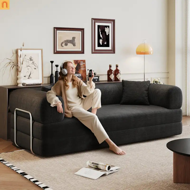 Sofa Convertible Corduroy Black Modular 78in No Assembly