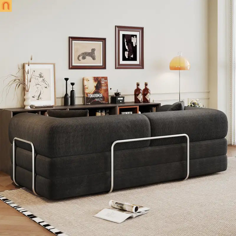 Sofa Convertible Corduroy Black Modular 78in No Assembly