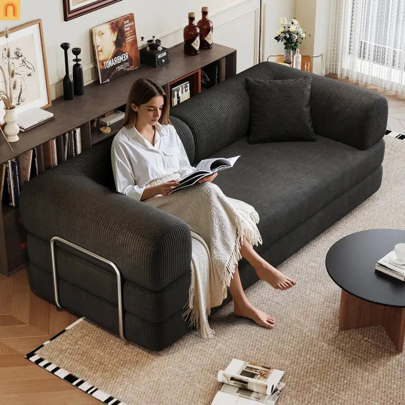 Sofa Convertible Corduroy Black Modular 78in No Assembly