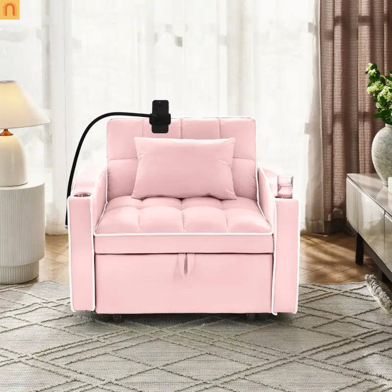 Sofa Bed Chair Convertible Velvet Pink Pull-Out Twin USB
