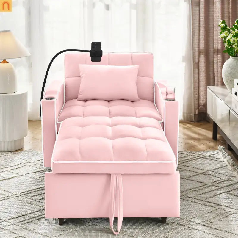 Sofa Bed Chair Convertible Velvet Pink Pull-Out Twin USB