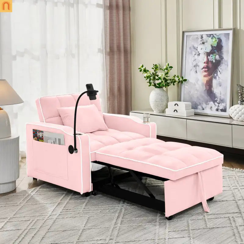 Sofa Bed Chair Convertible Velvet Pink Pull-Out Twin USB