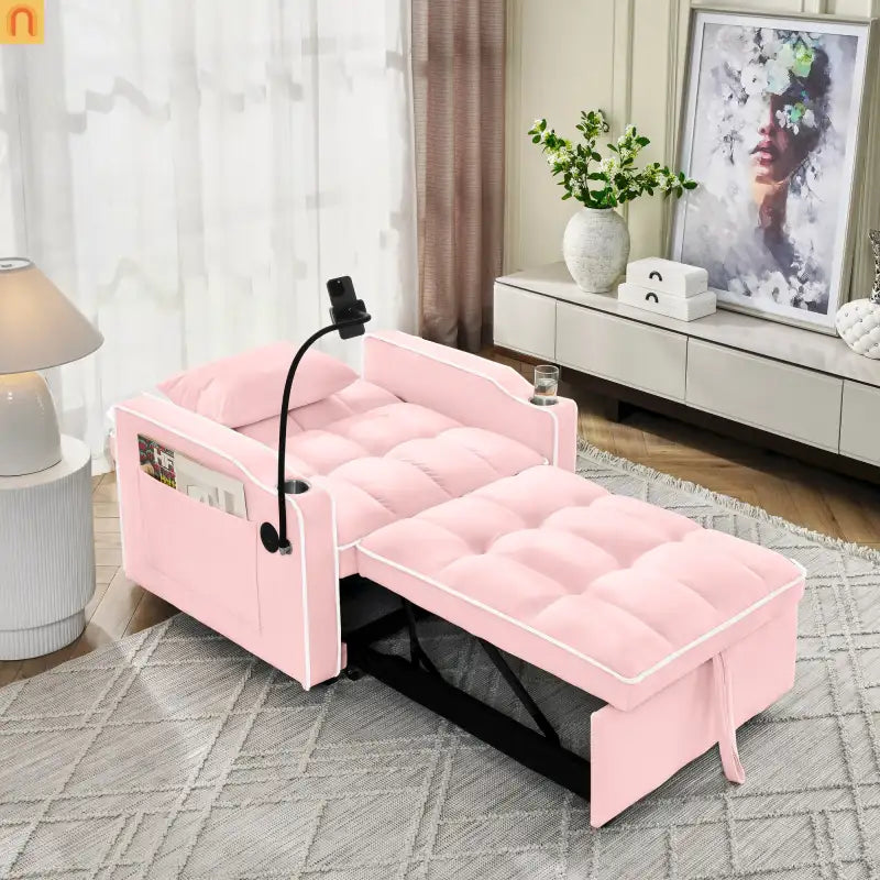 Sofa Bed Chair Convertible Velvet Pink Pull-Out Twin USB