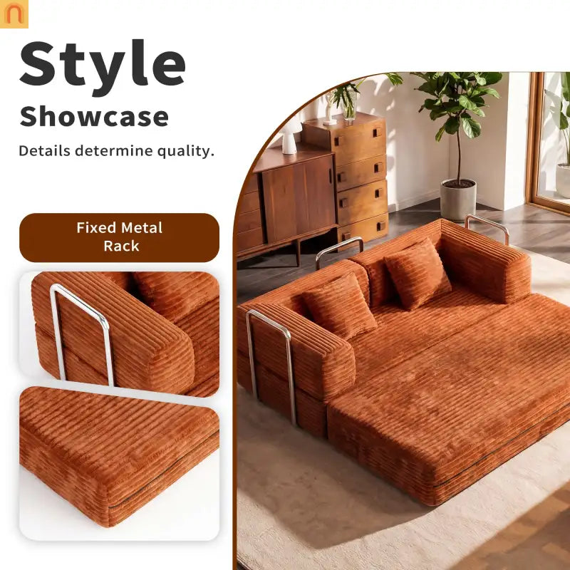 Sofa Convertible Corduroy Rust Red 78in 1200 lb Side Pockets