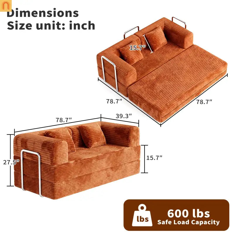 Sofa Convertible Corduroy Rust Red 78in 1200 lb Side Pockets