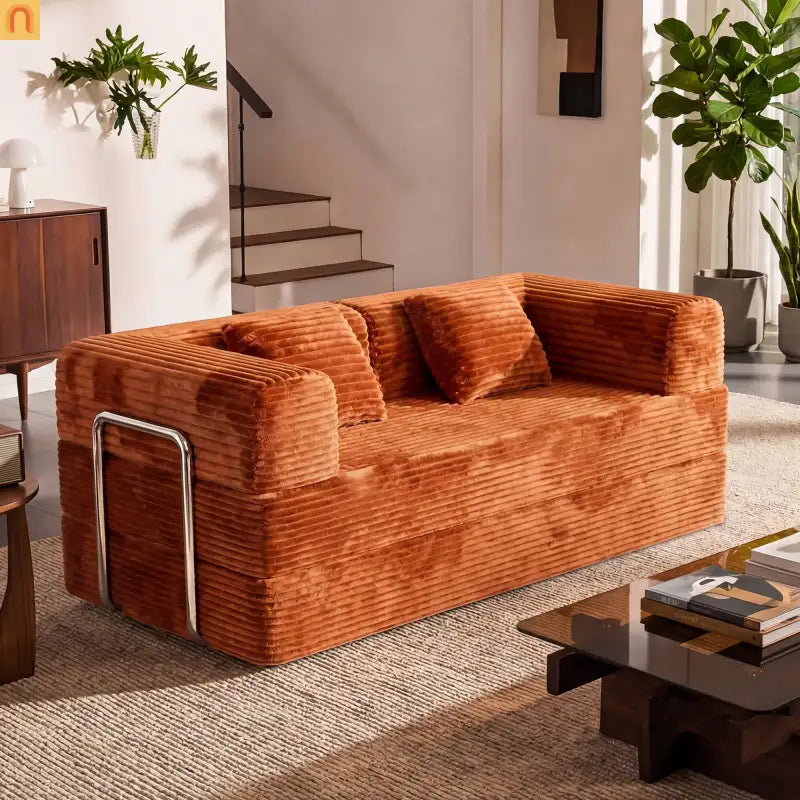 Sofa Convertible Corduroy Rust Red 78in 1200 lb Side Pockets