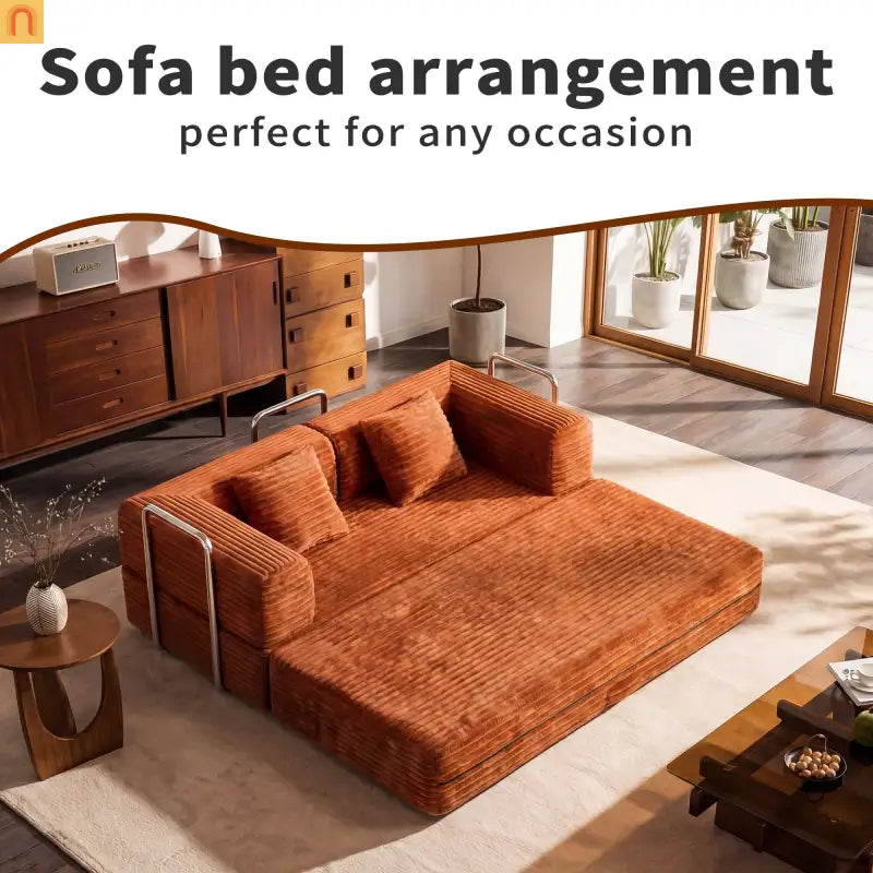 Sofa Convertible Corduroy Rust Red 78in 1200 lb Side Pockets