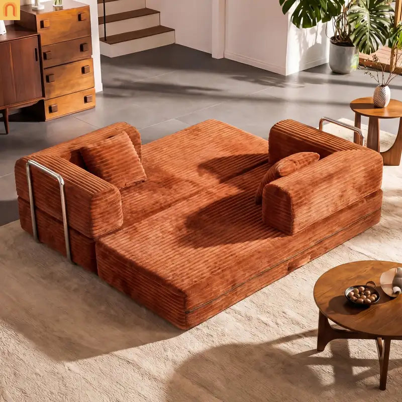 Sofa Convertible Corduroy Rust Red 78in 1200 lb Side Pockets