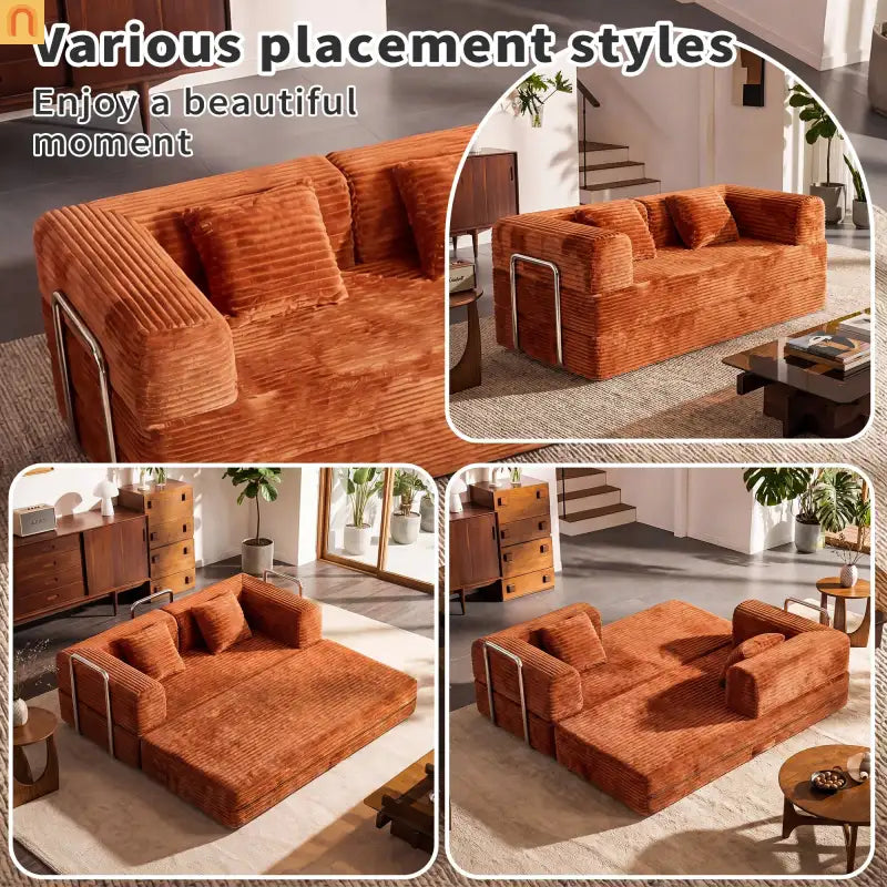 Sofa Convertible Corduroy Rust Red 78in 1200 lb Side Pockets