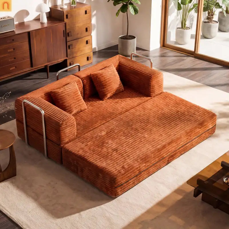 Sofa Convertible Corduroy Rust Red 78in 1200 lb Side Pockets